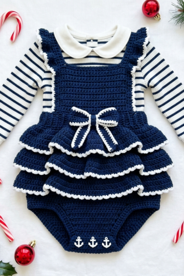 Navy Blue Nautical Baby Romper Free Crochet Pattern