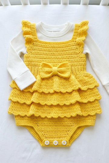 Sunshine Yellow Cheerful Baby Romper Free Crochet Pattern