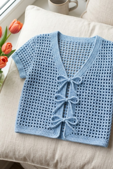 Baby Blue Grid Stitch Tie Cardigan Free Pattern