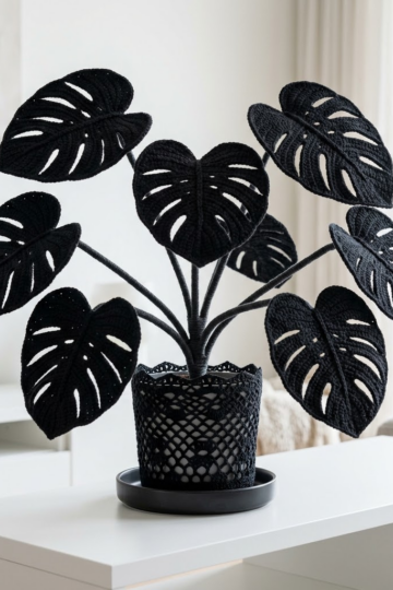Black Monstera Crochet Plant for Modern Living Room