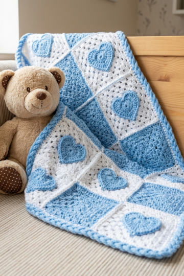 Blue Heart Granny Square Baby Blanket Free Crochet Pattern