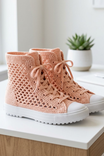 Blush Peach Openwork Crochet High Tops Free Pattern
