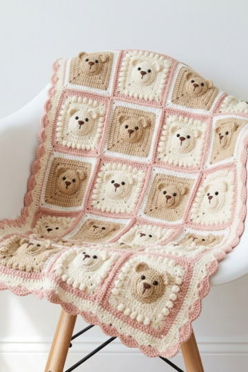 Blush Pink Teddy Bear Granny Square Blanket Free Pattern