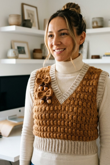 Caramel Autumn Bow Crochet Vest Free Crochet Pattern