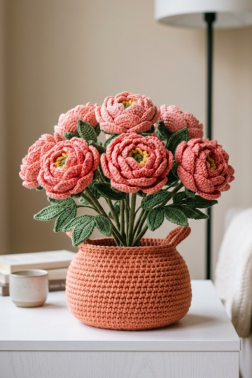 Coral Peony Crochet Basket Free Crochet Pattern