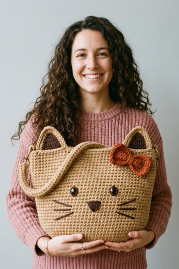 Cozy Tan Kitty Face Tote Bag Free Crochet Pattern