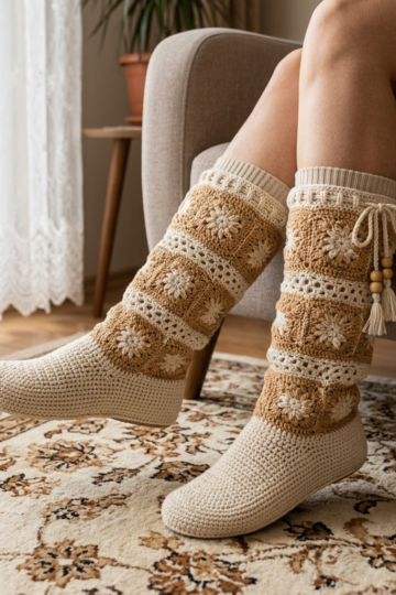 Cream and Tan Two-Tone Crochet Boots Free Pattern