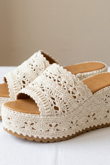 Monochrome Cream White Crochet Platform Wedge Sandals Pattern