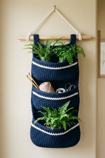 Navy Blue Nautical Hanging Basket Free Crochet Pattern