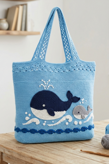 Whale and Wave Crochet Ocean Tote Free Pattern