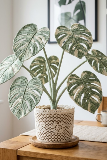 White and Sage Minimal Monstera Crochet Plant Pattern