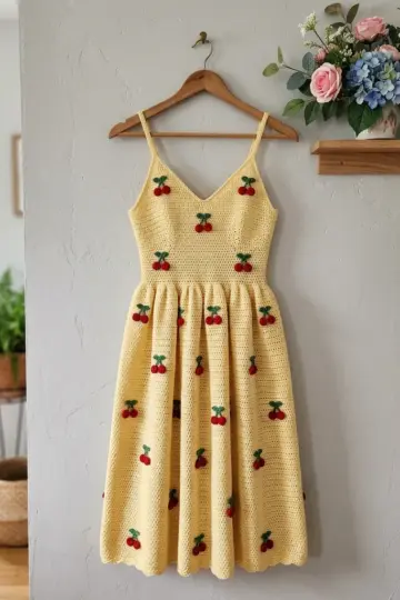 Butter Yellow Cherry Crochet Dress Free Crochet Pattern