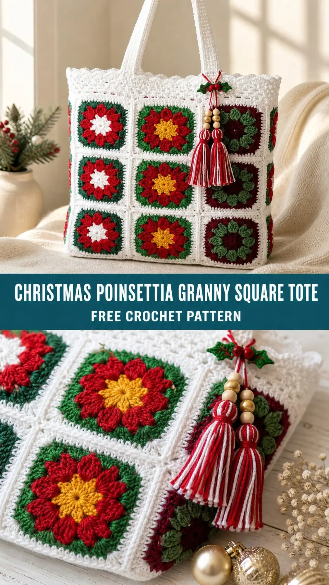 Christmas Poinsettia Granny Square Tote Free Crochet Pattern