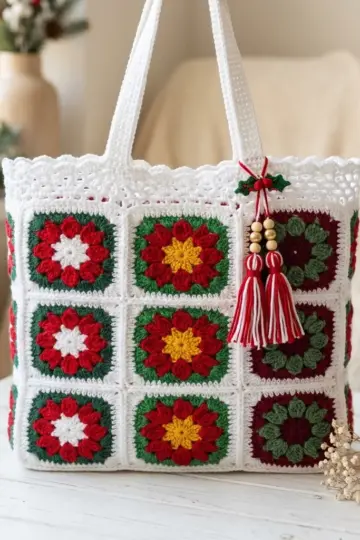 Christmas Poinsettia Granny Square Tote Free Crochet Pattern