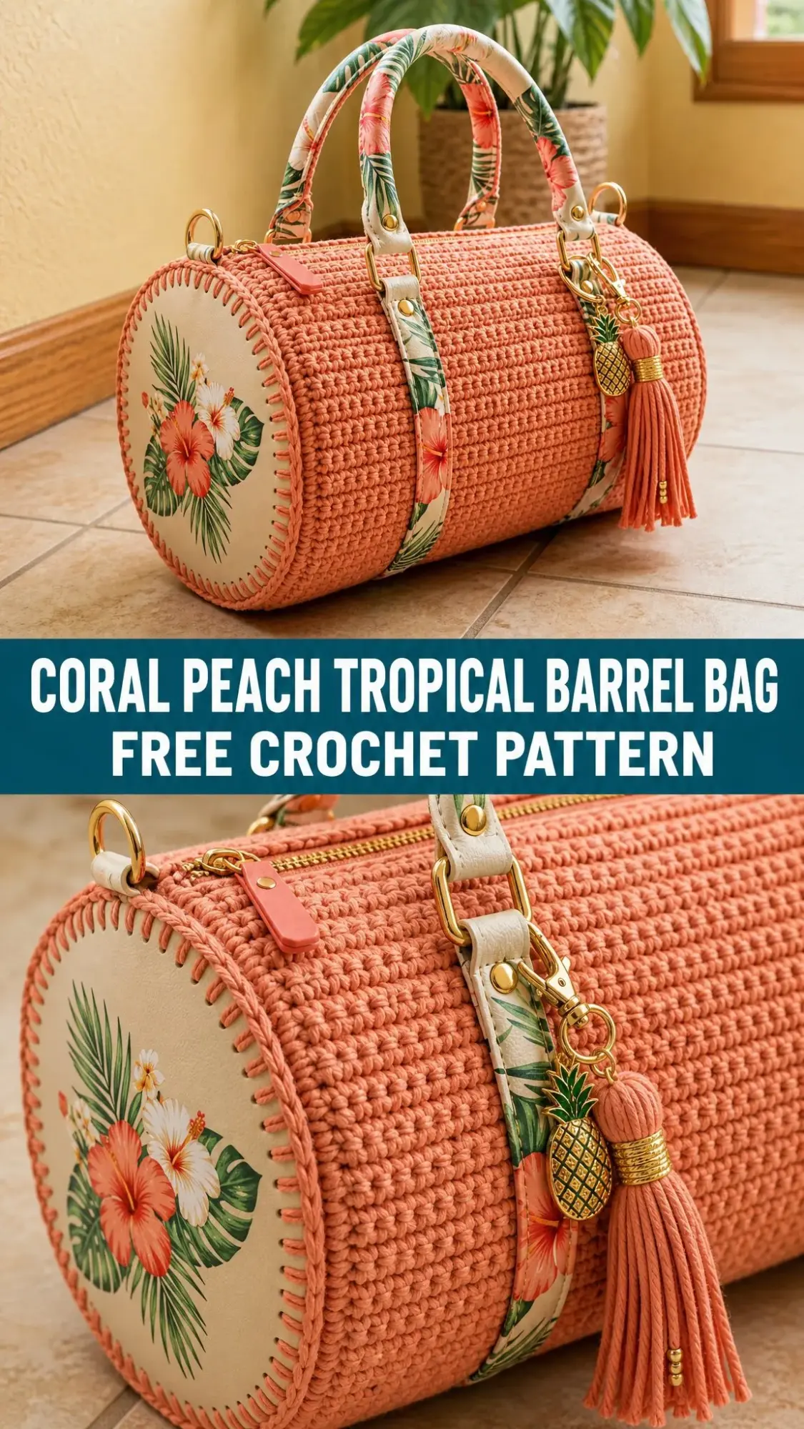 Coral Peach Tropical Barrel Bag Free Crochet Pattern