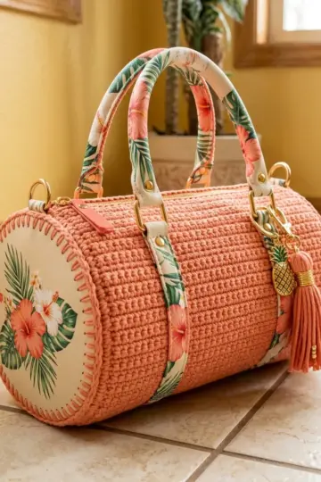 Coral Peach Tropical Barrel Bag Free Crochet Pattern