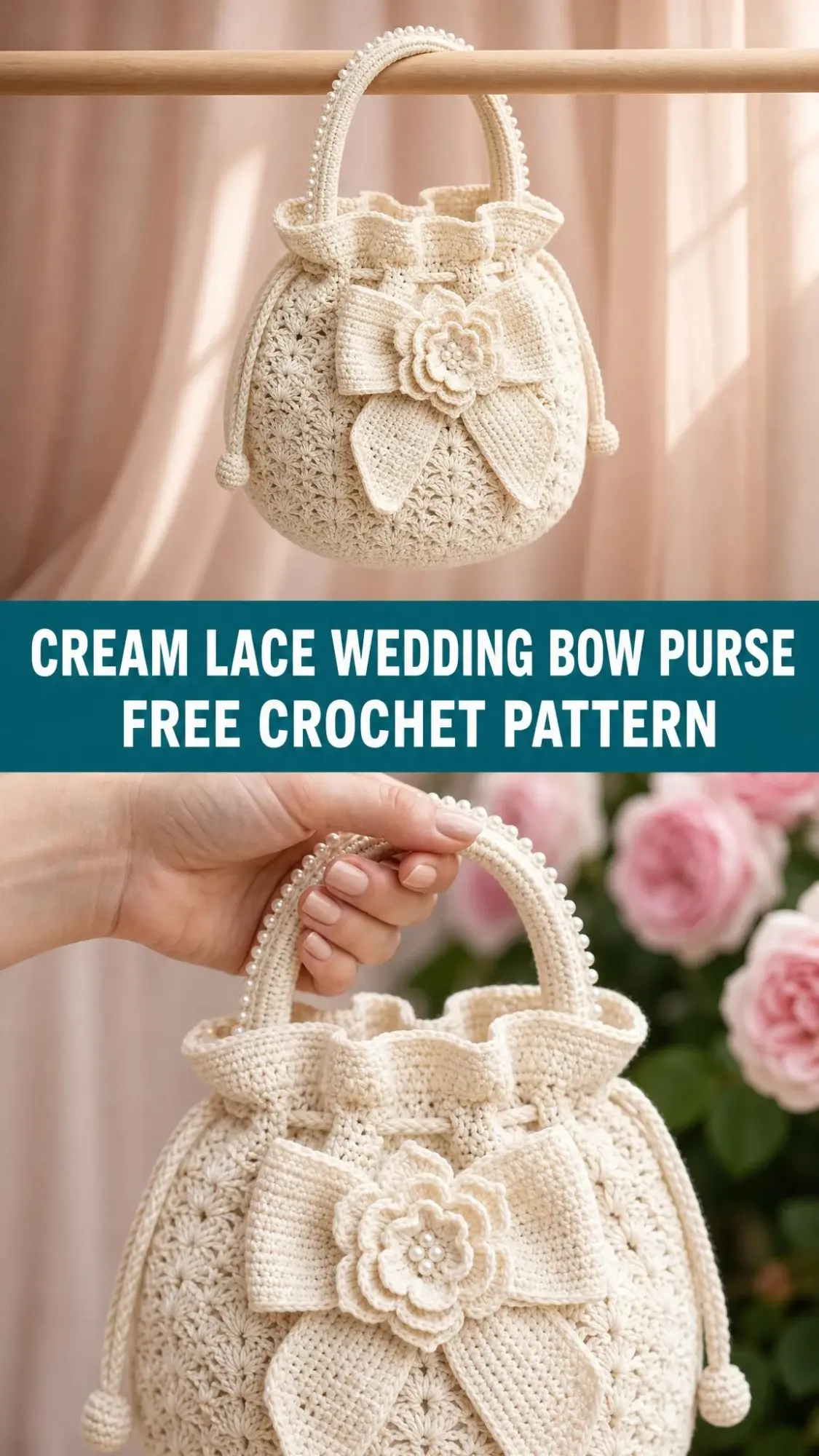 Cream Lace Wedding Bow Purse Free Crochet Pattern