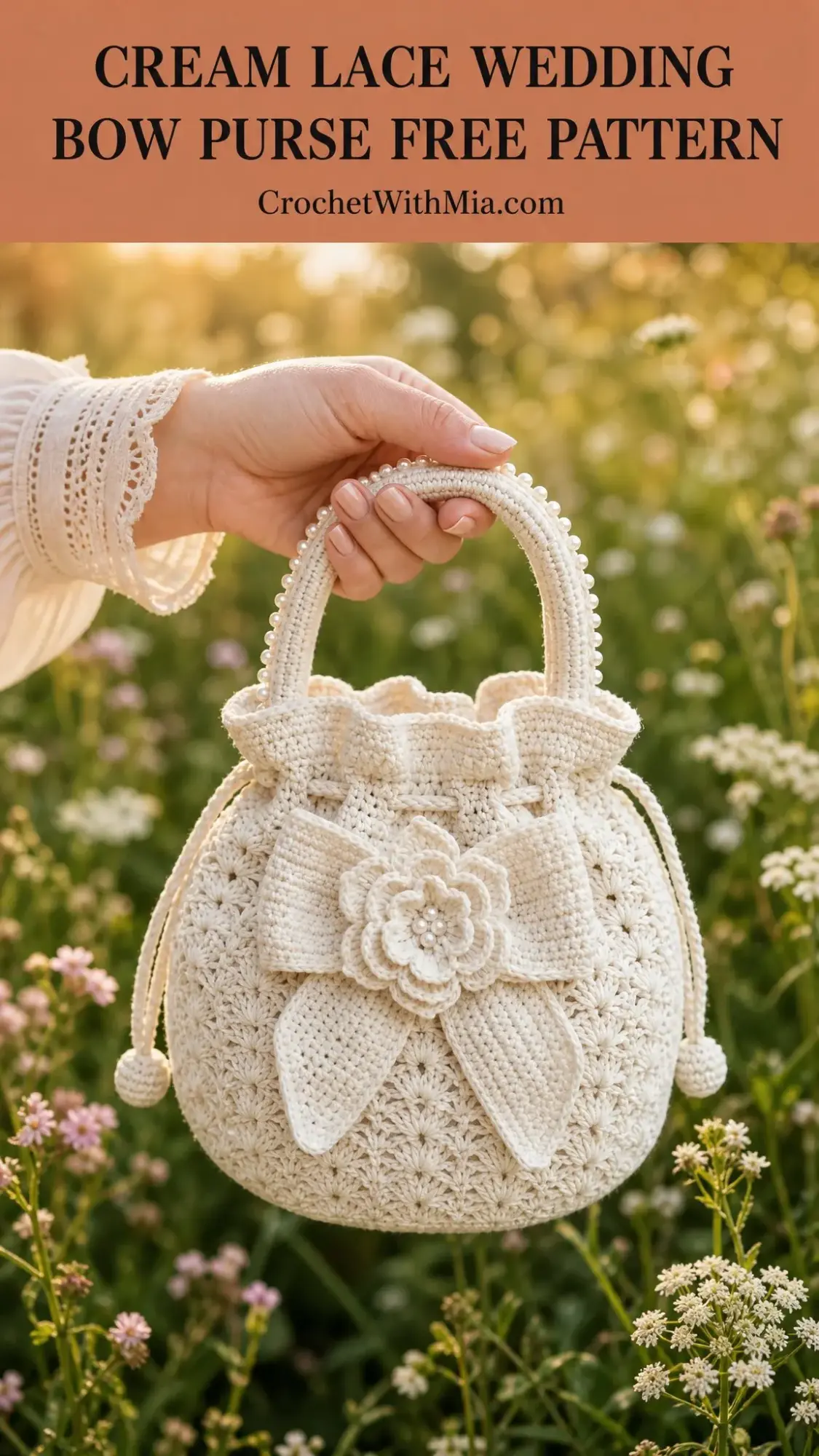 Cream Lace Wedding Bow Purse Free Crochet Pattern