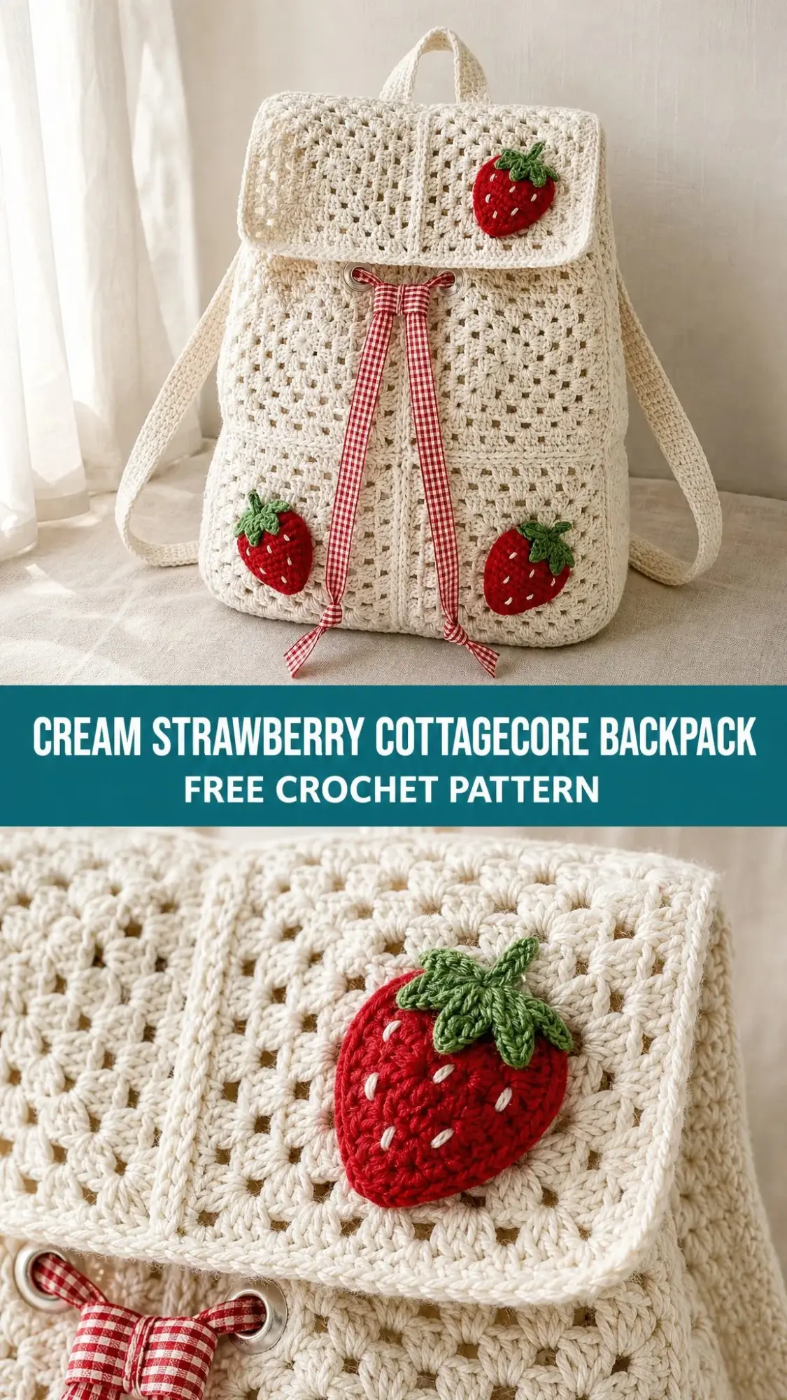 Cream Strawberry Cottagecore Backpack Free Crochet Pattern