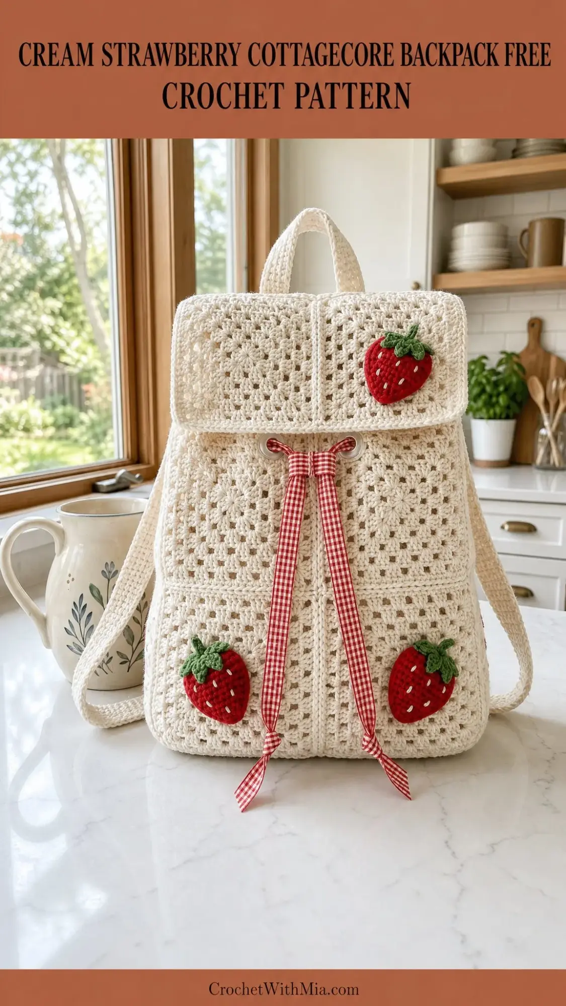 Cream Strawberry Cottagecore Backpack Free Crochet Pattern