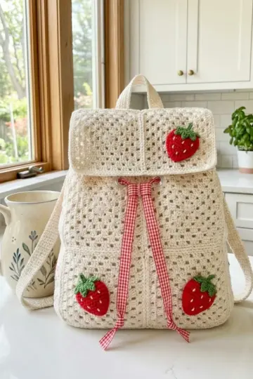 Cream Strawberry Cottagecore Backpack Free Crochet Pattern