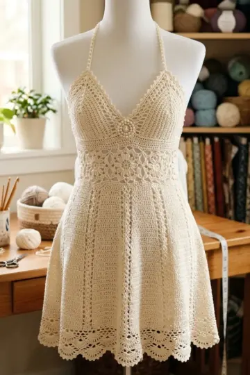 Ivory Lace Wedding Halter Dress Free Crochet Pattern