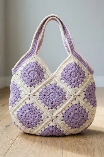 Lavender Cream Granny Square Tote Free Crochet Pattern