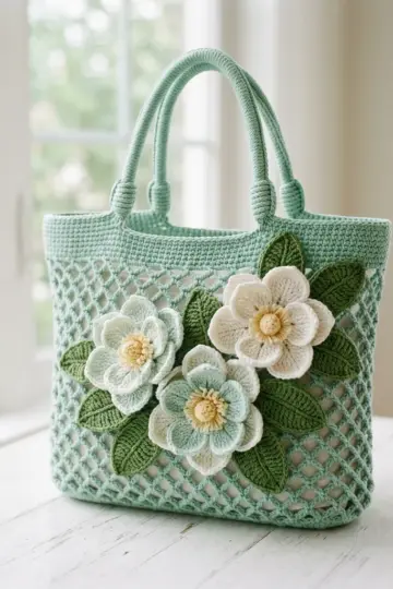 Mint Green Magnolia Mesh Tote Free Crochet Pattern