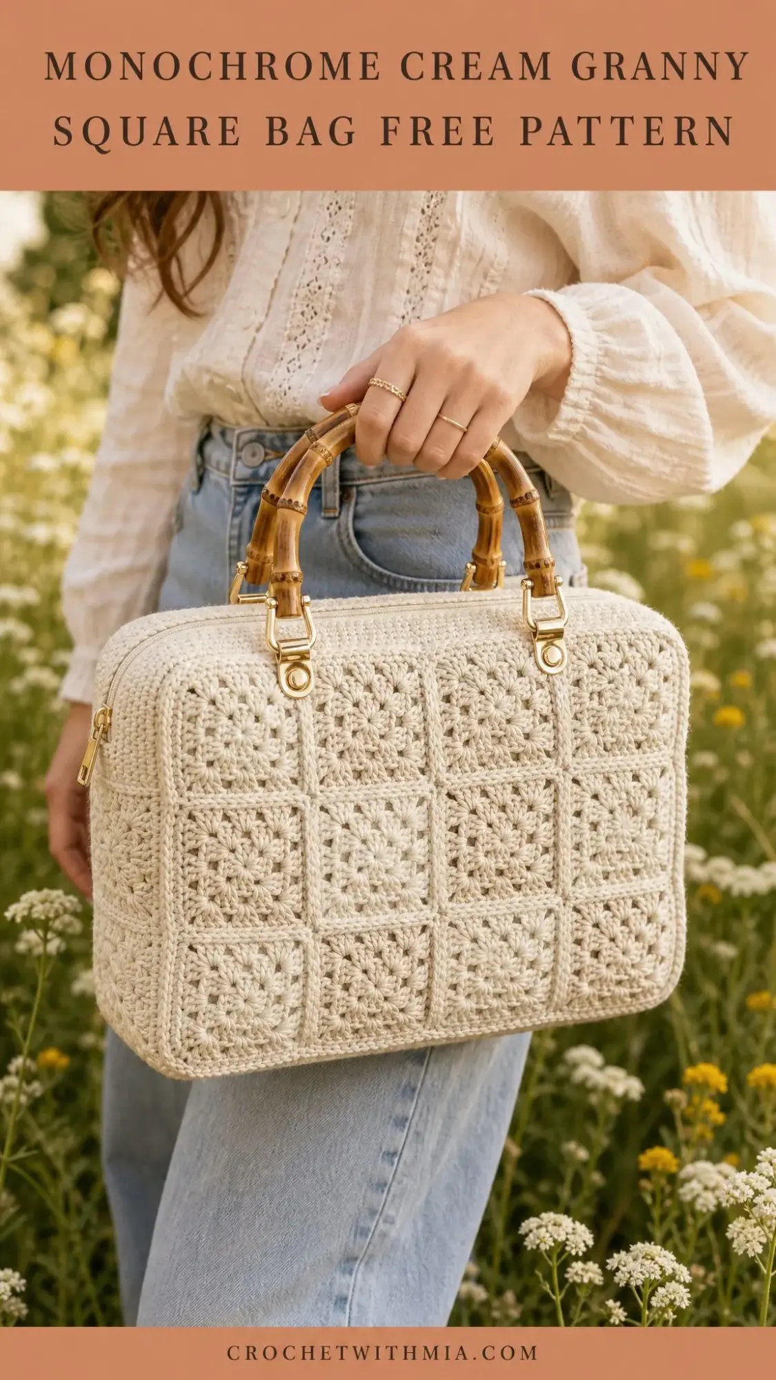 Monochrome Cream Granny Square Bag Free Crochet Pattern