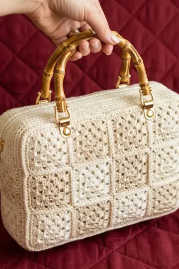 Monochrome Cream Granny Square Bag Free Crochet Pattern