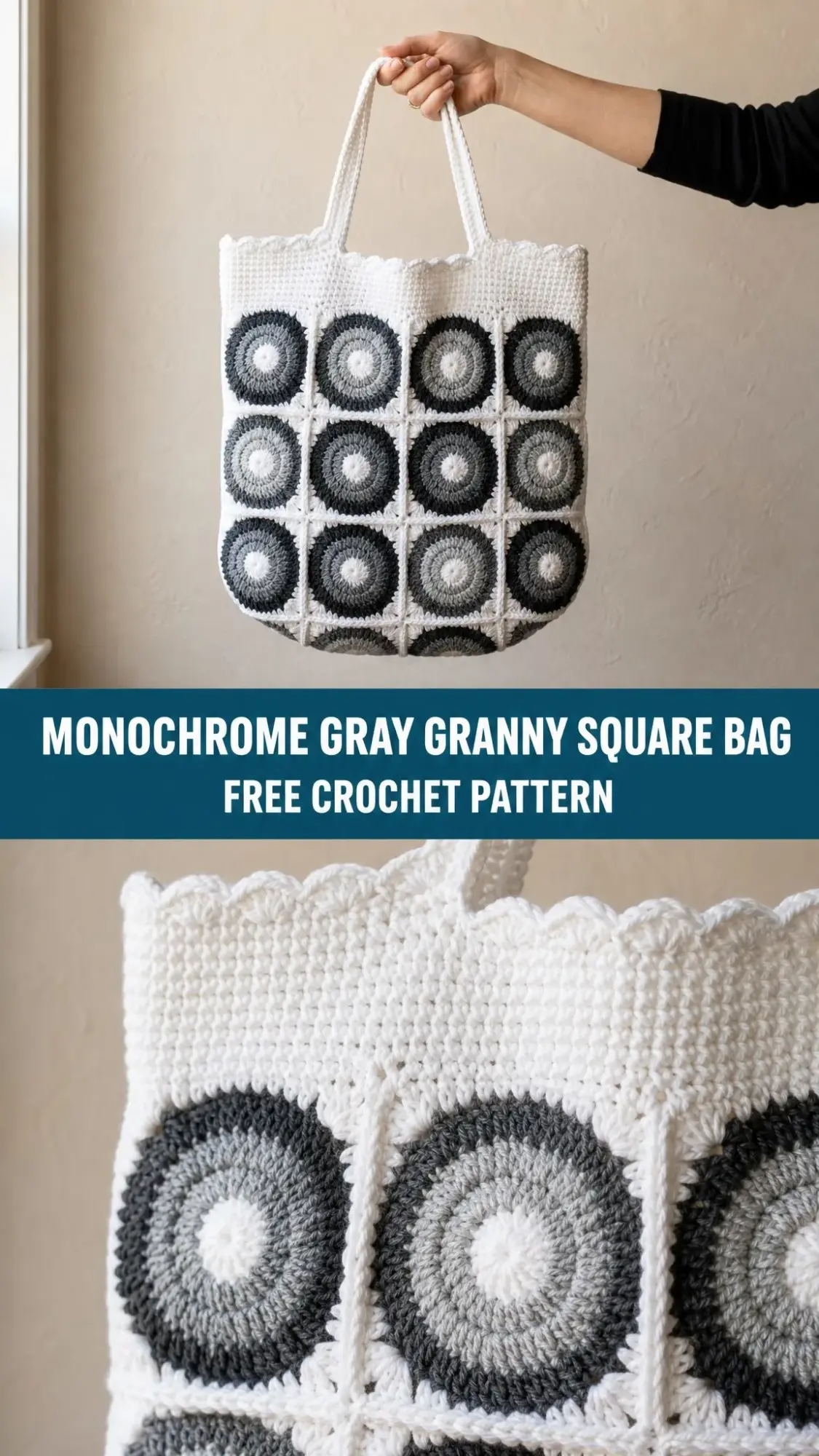 Monochrome Gray Granny Square Bag Free Crochet Pattern