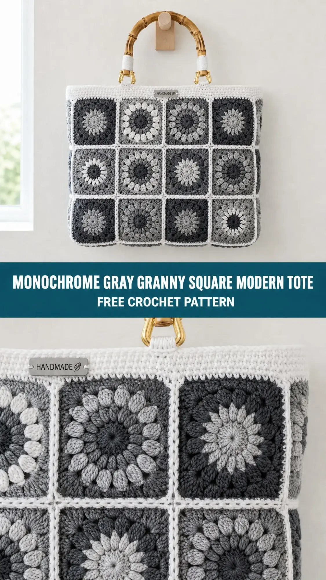Monochrome Gray Granny Square Modern Tote Free Crochet Pattern