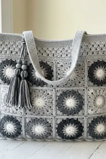 Monochrome Gray Granny Square Tote Free Crochet Pattern