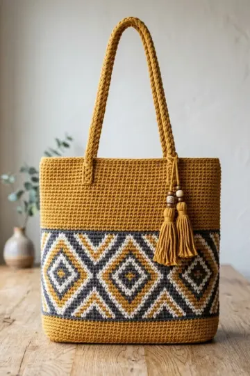 Mustard Gold Aztec Pattern Tote Free Crochet Pattern