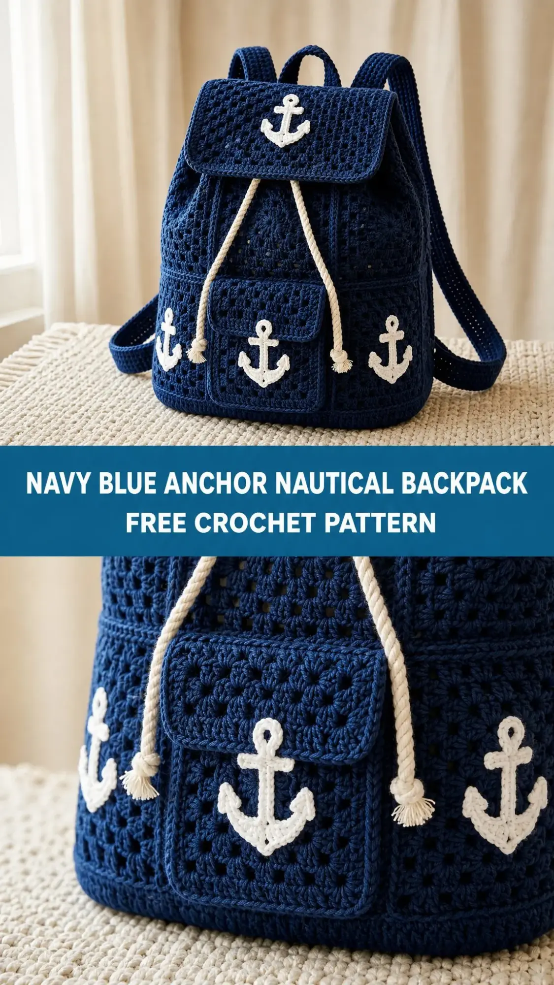 Navy Blue Anchor Nautical Backpack Free Crochet Pattern