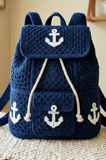 Navy Blue Anchor Nautical Backpack Free Crochet Pattern