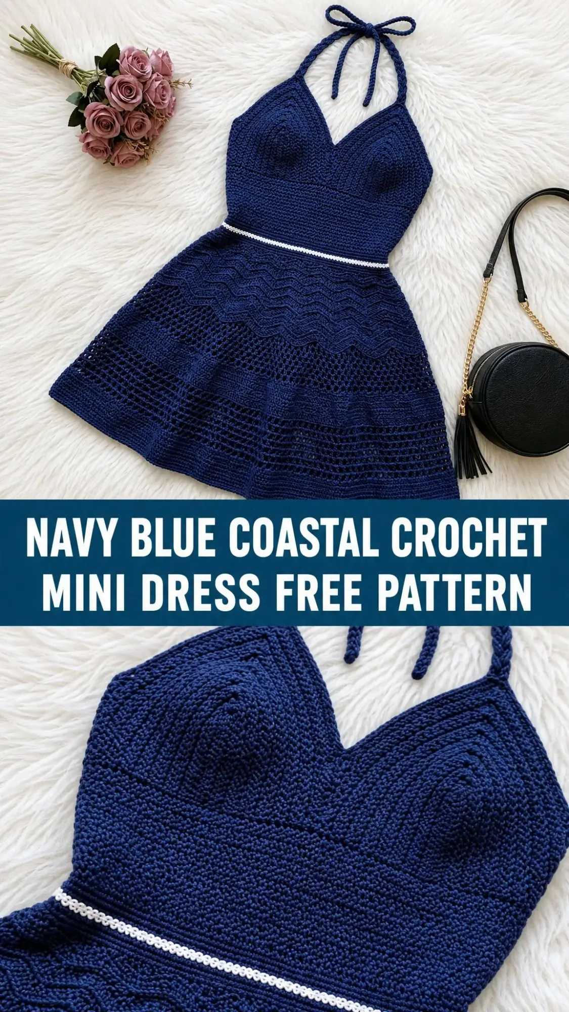Navy Blue Coastal Crochet Mini Dress Free Pattern