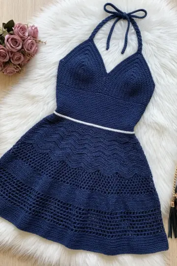 Navy Blue Coastal Crochet Mini Dress Free Pattern