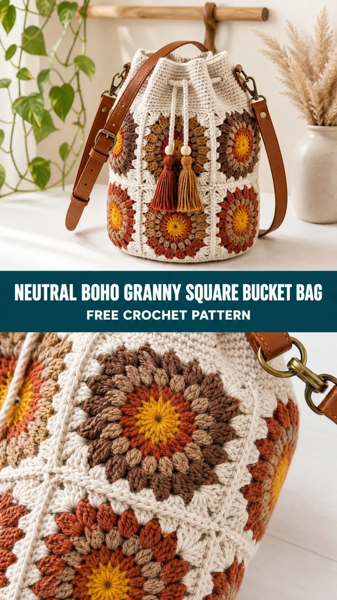 Neutral Boho Granny Square Bucket Bag Free Crochet Pattern