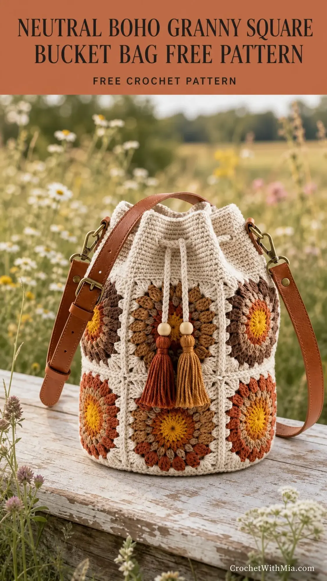 Neutral Boho Granny Square Bucket Bag Free Crochet Pattern