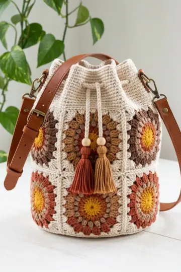 Neutral Boho Granny Square Bucket Bag Free Crochet Pattern