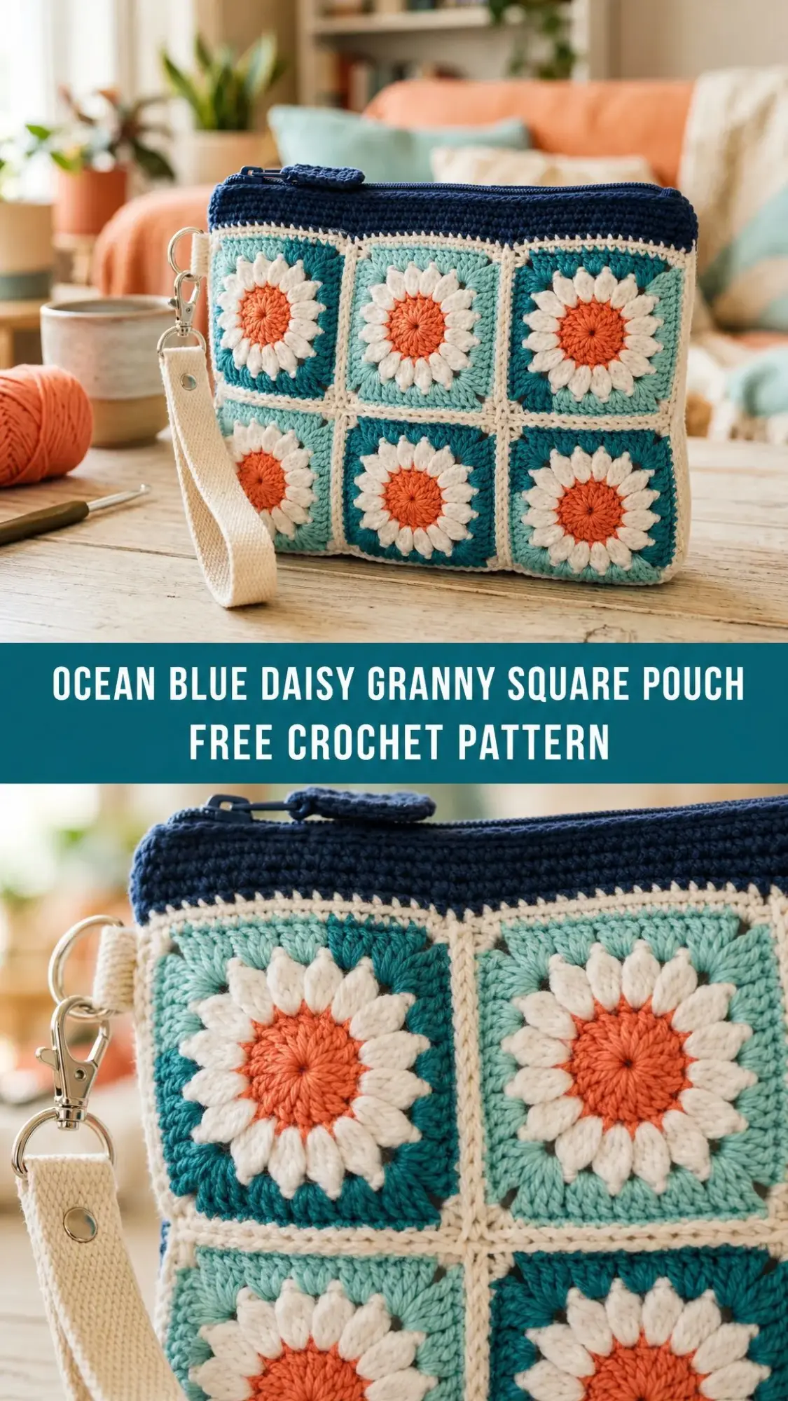 Ocean Blue Daisy Granny Square Pouch Free Crochet Pattern