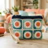 Ocean Blue Daisy Granny Square Pouch Free Crochet Pattern