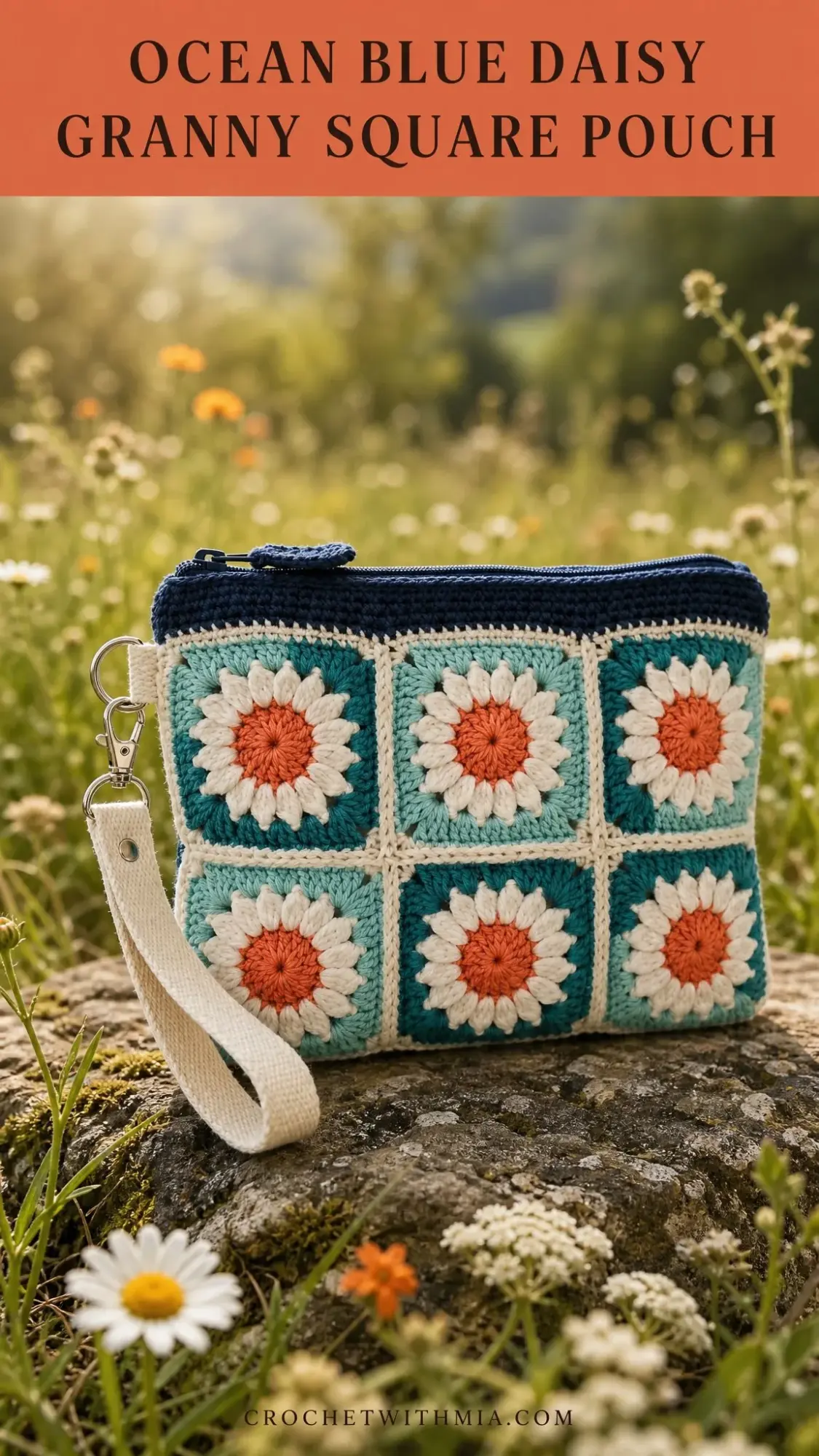 Ocean Blue Daisy Granny Square Pouch Free Crochet Pattern