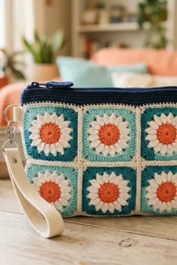 Ocean Blue Daisy Granny Square Pouch Free Crochet Pattern