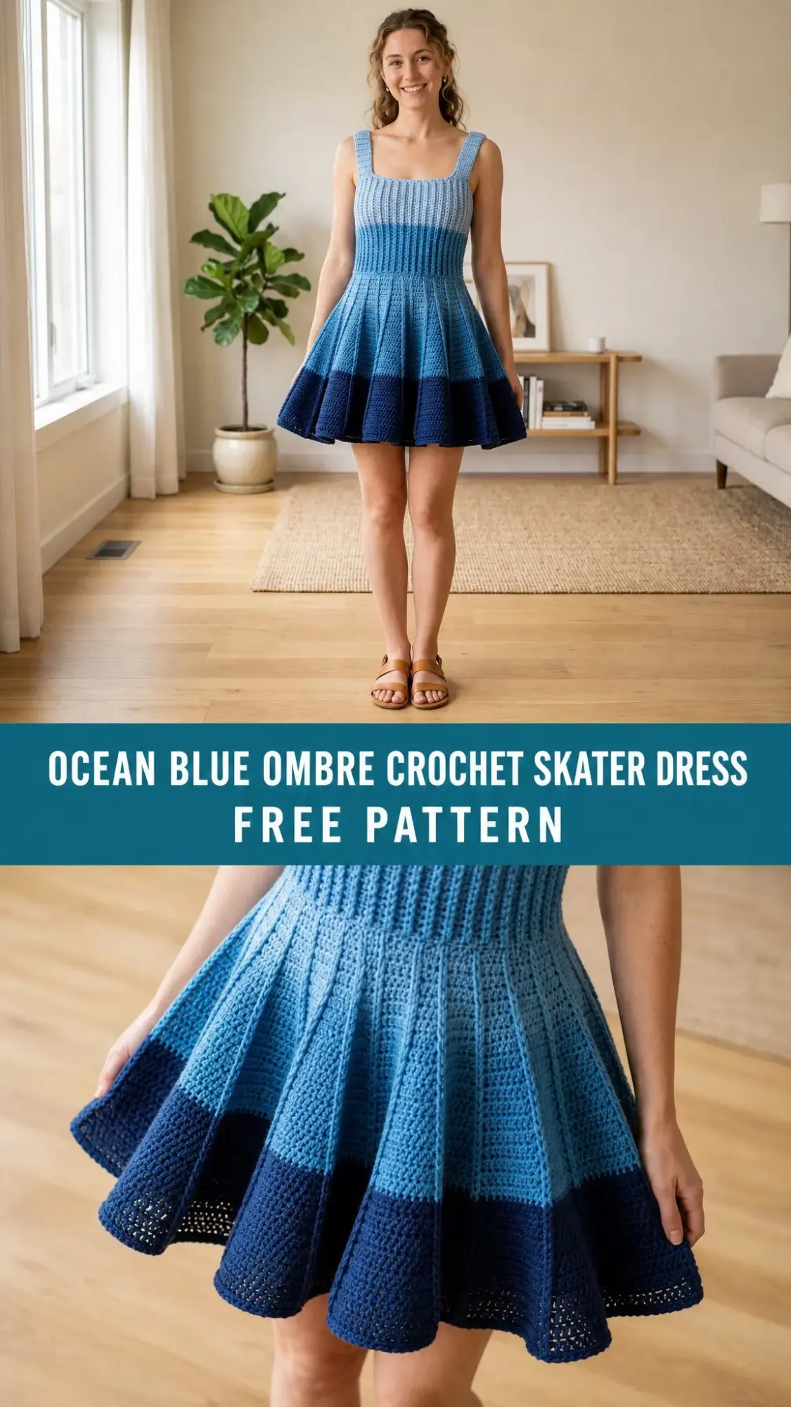 Ocean Blue Ombre Crochet Skater Dress Free Pattern