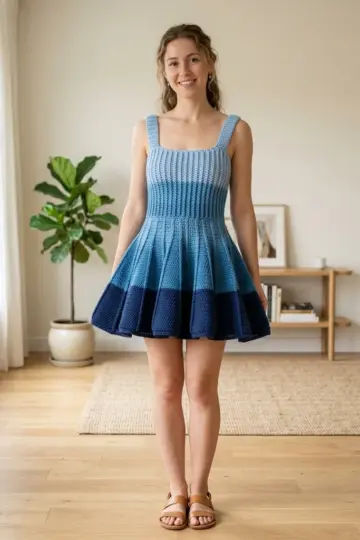 Ocean Blue Ombre Crochet Skater Dress Free Pattern