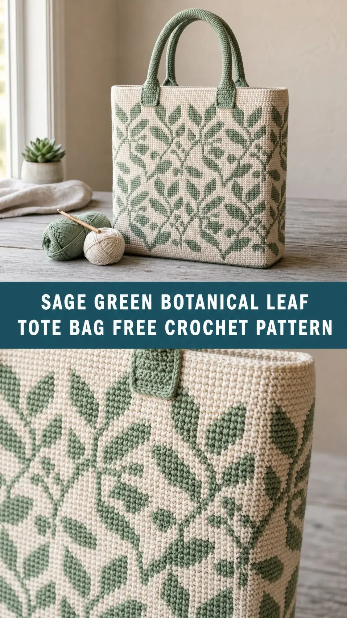 Sage Green Botanical Leaf Tote Bag Free Crochet Pattern