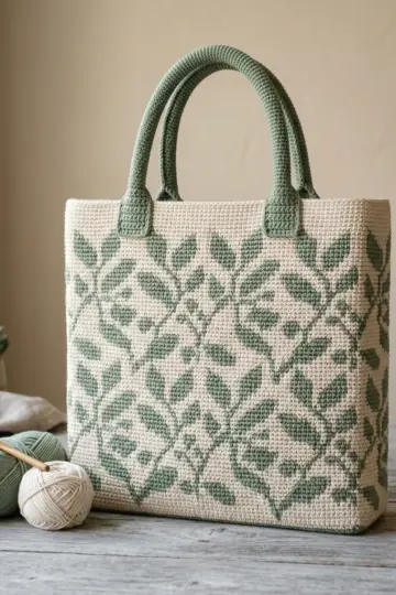 Sage Green Botanical Leaf Tote Bag Free Crochet Pattern
