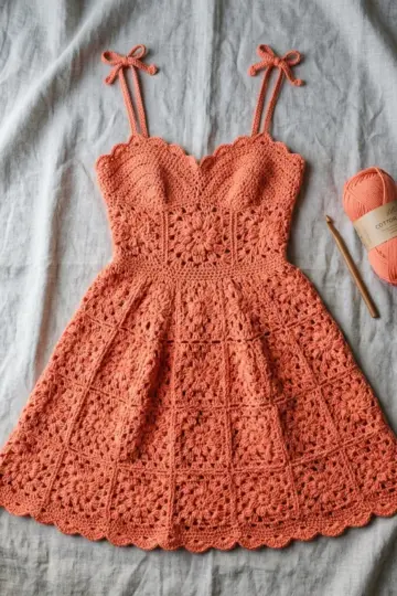 Sunset Coral Floral Lace Dress Free Crochet Pattern